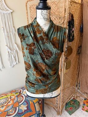 Draped Floral Velvet Camisole - Green & Brown